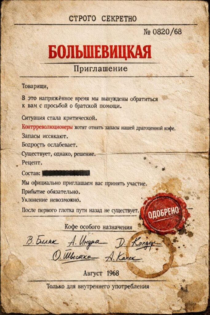 Kaffee-Etikette für Bolschewitzkaya Blend mit einem historischen russischen Dokument und rotem Siegel von unserer Handwerklichen Kaffeerösterei Guntramsdorf.