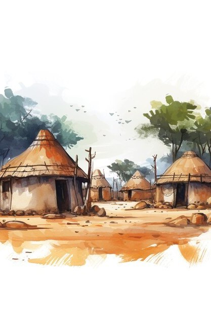 Kaffee-Etikette für Ethiopia Sidamo mit einem Aquarell-Bild eines afrikanischen Dorfes mit Hütten von unserer Handwerklichen Kaffeerösterei Guntramsdorf.
